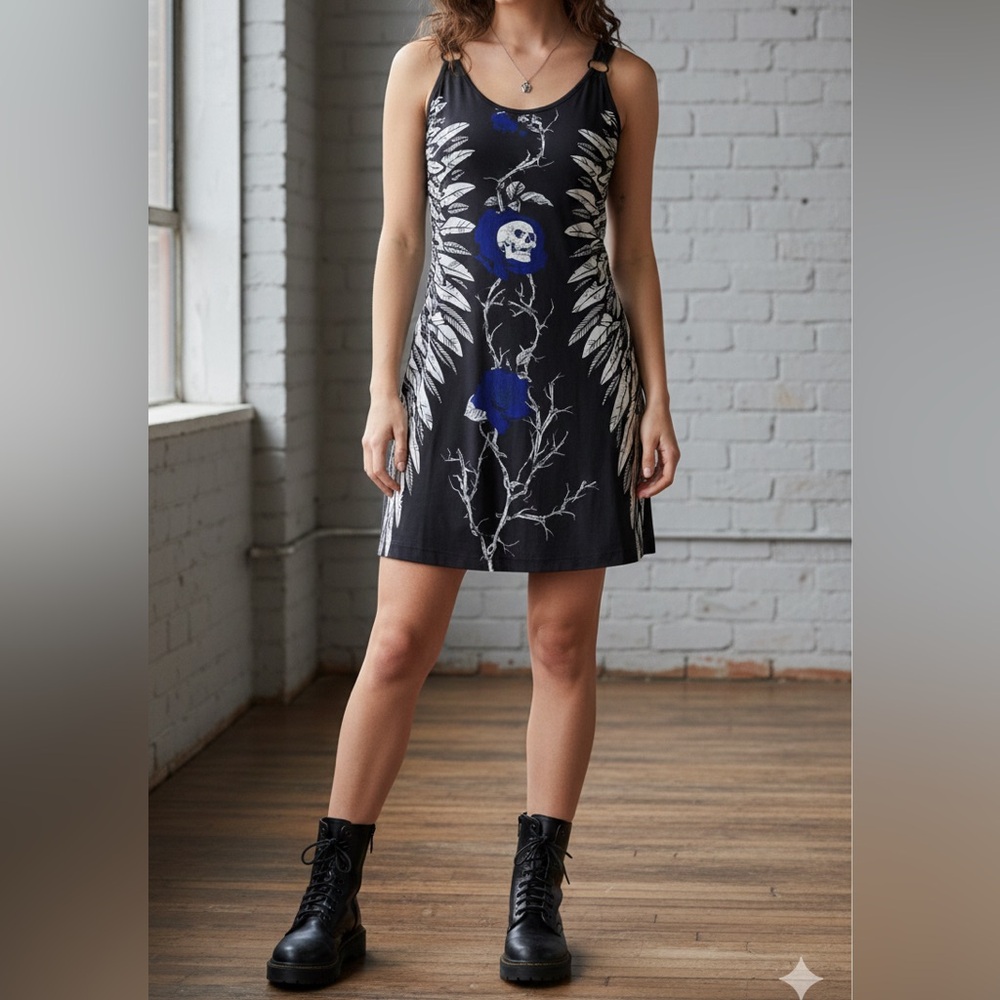 Black and White Dress with Skull and Floral Design